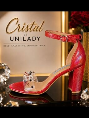 Cristal by Unilady Red Block Heel Sandals with Studded Clear Strap